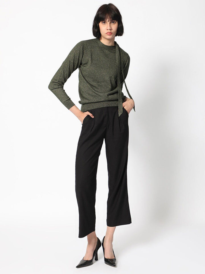 RAREISM Round Neck Acrylic Tie up Shimmer Sweater