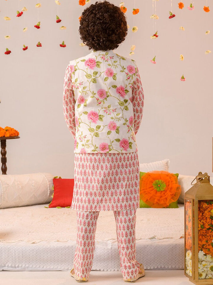 pspeaches Boys Floral Printed Regular Pure Cotton Kurta With Pyjamas And Nehru Jaket