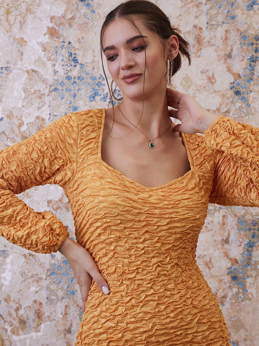 Athena Yellow Self Design Textured Sweatheart Neck Bodycon Dress