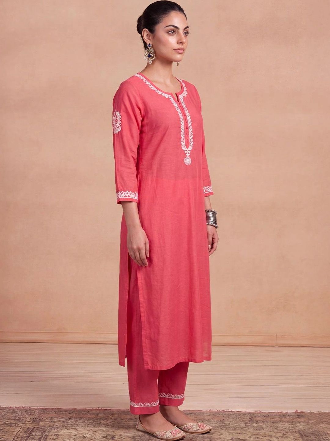 House of Chikankari Women Ethnic Motifs Embroidered Regular Thread Work Chanderi Silk Kurta with Trousers