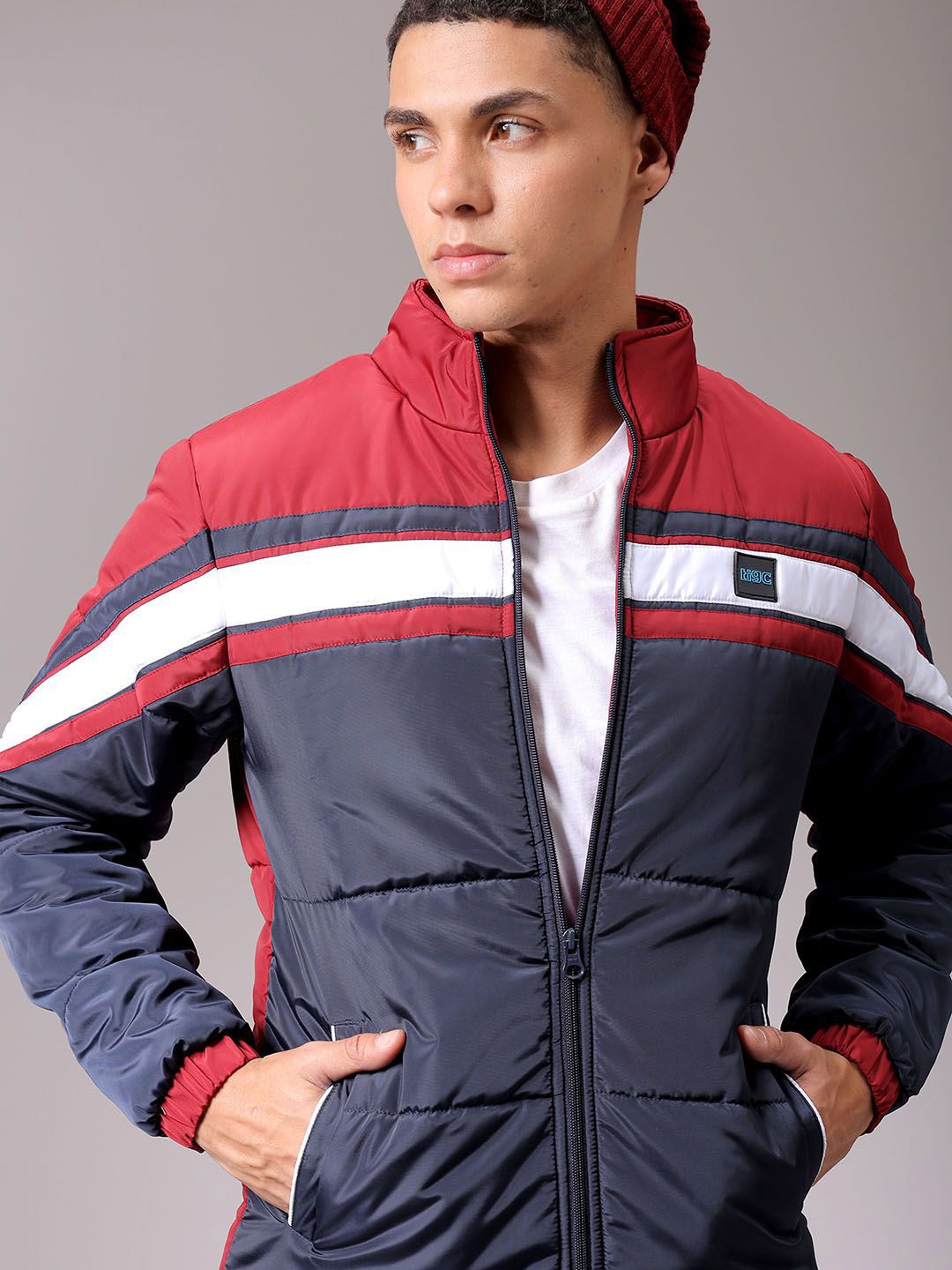 The Indian Garage Co Men High Neck Colourblocked Puffer Jacket