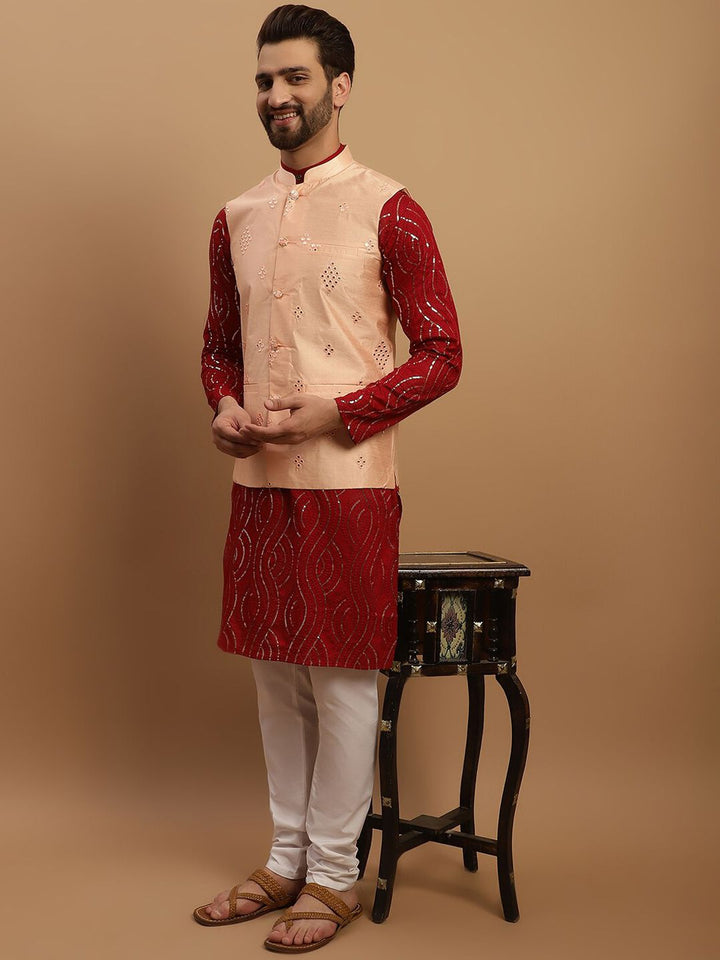 SOJANYA Ethnic Motifs Embroidered Sequined Pure Cotton Kurta with Churidar & Nehru Jacket