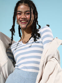 SASSAFRAS Women Blue Striped Knitted Tshirt