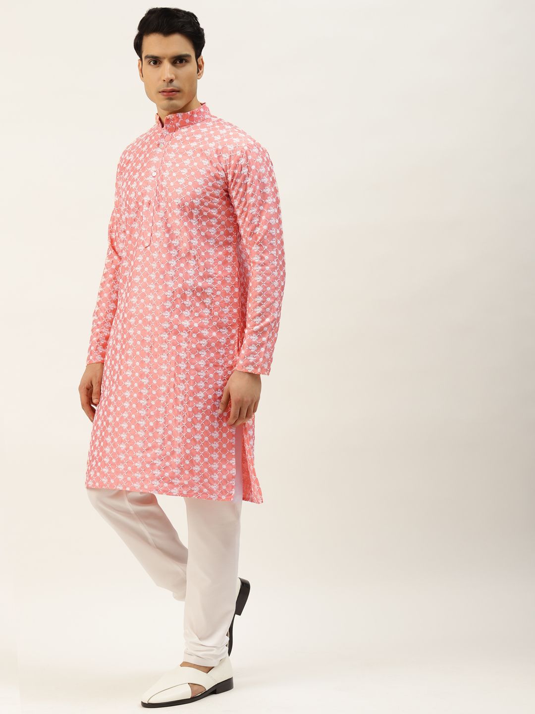 SOJANYA Lelaki Motif Etnik Merah Jambu Bersulam Benang Kerja Kurta dengan Churidar