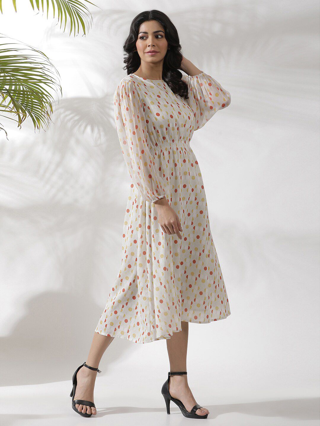 W Polka Dots Print Puff Sleeve Fit & Flare Midi Dress