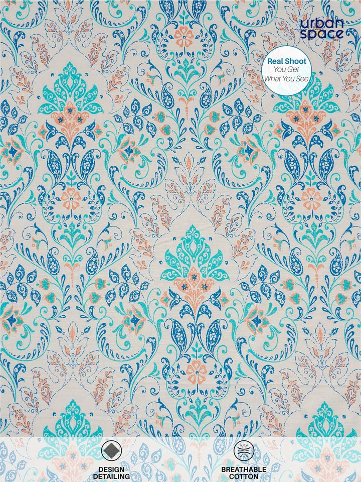 URBAN SPACE Serene White & Blue Printed Cotton 200 TC Single Bedsheet with Pillow Cover