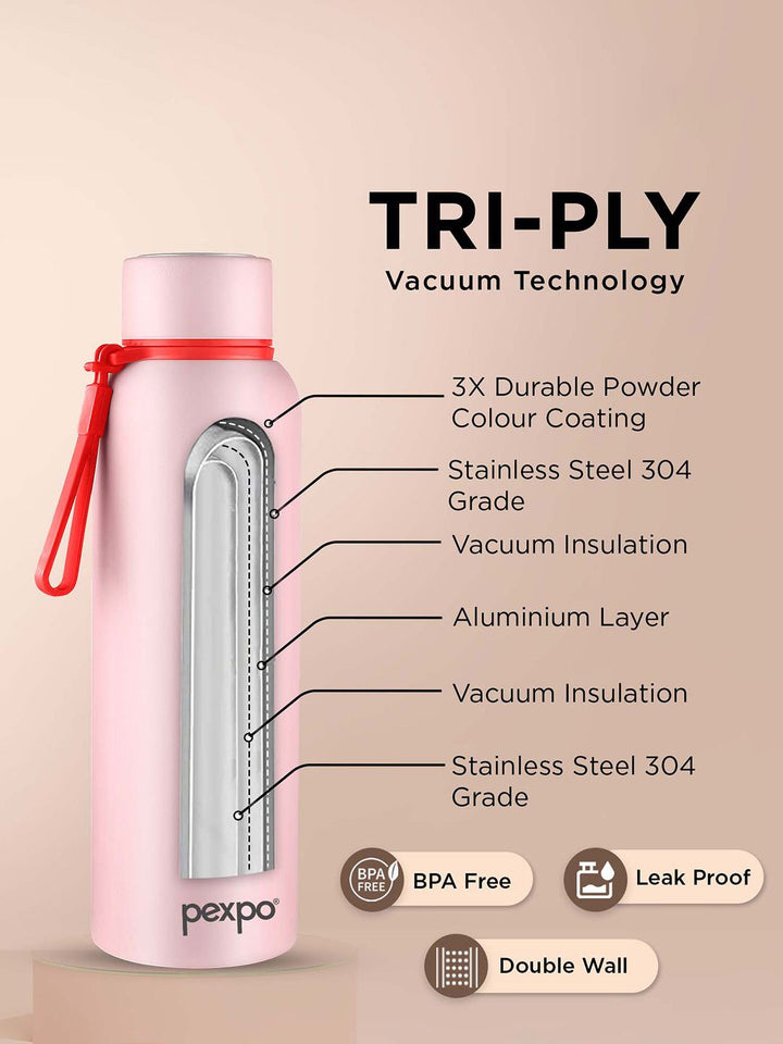 Pexpo Bravo Baby Pink ISI Certified Thermosteel Hot & Cold flask Insulated Water Bottle 1L