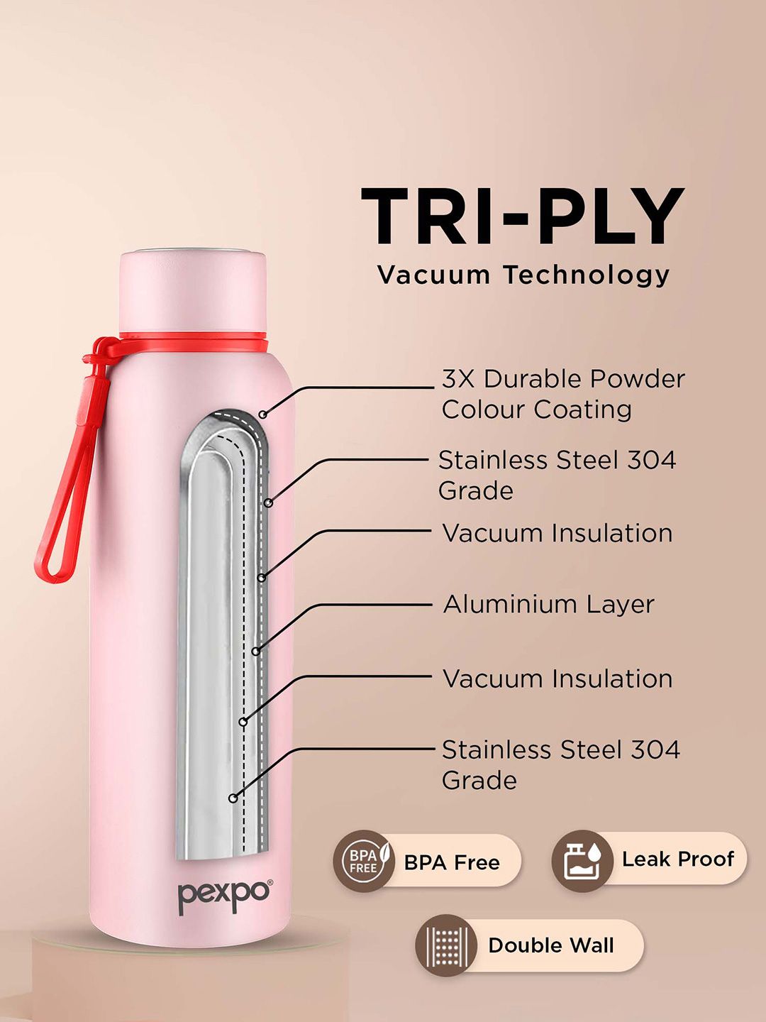 Pexpo Bravo Baby Pink ISI Certified Thermosteel Hot & Cold flask Insulated Water Bottle 1L