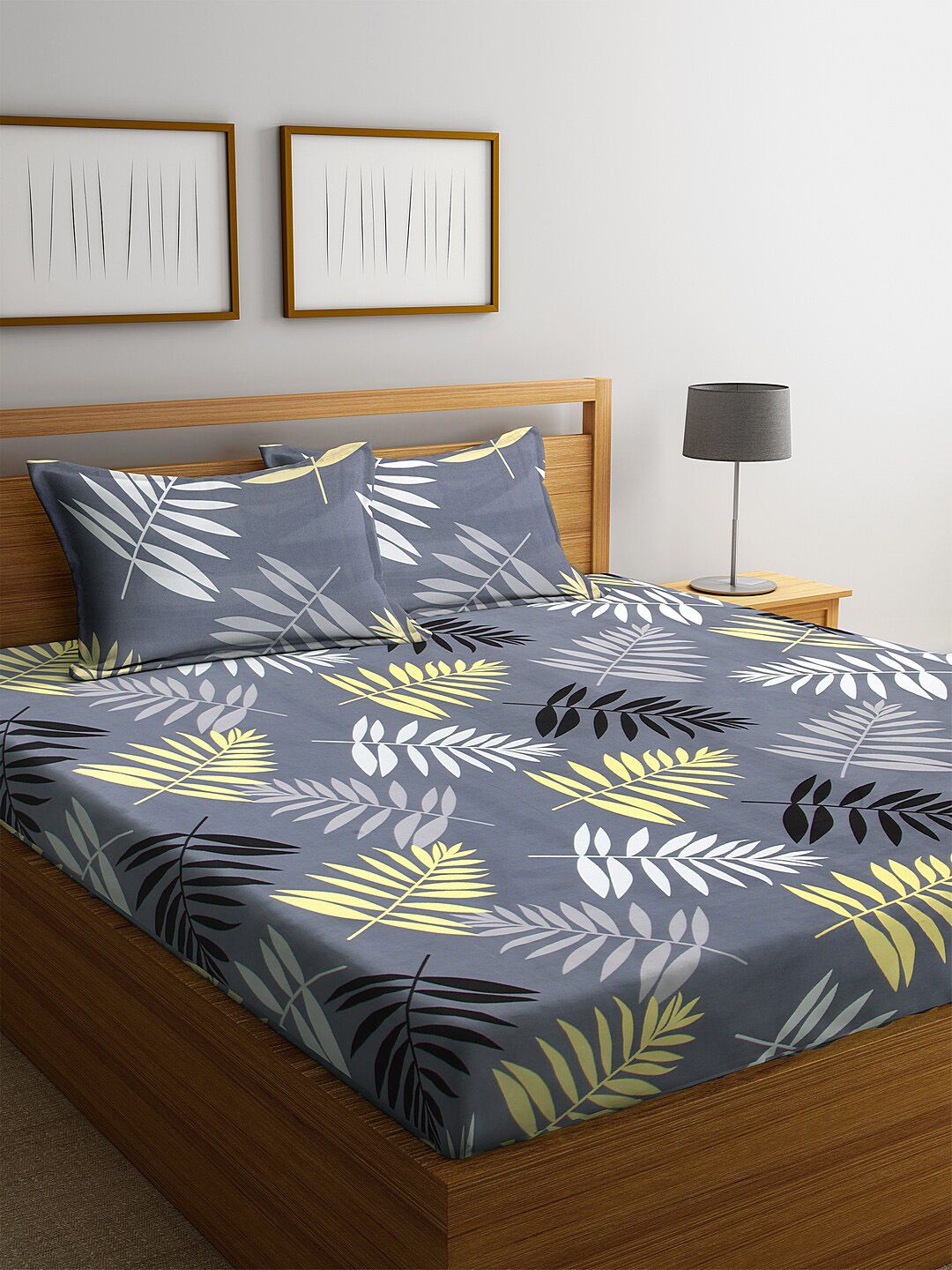 KLOTTHE Grey Leaf Printed Flat 300 TC King Fine Bedsheet with 2 Pillow Covers-250X225 cm