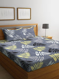 KLOTTHE Grey Leaf Printed Flat 300 TC King Fine Bedsheet with 2 Pillow Covers-250X225 cm