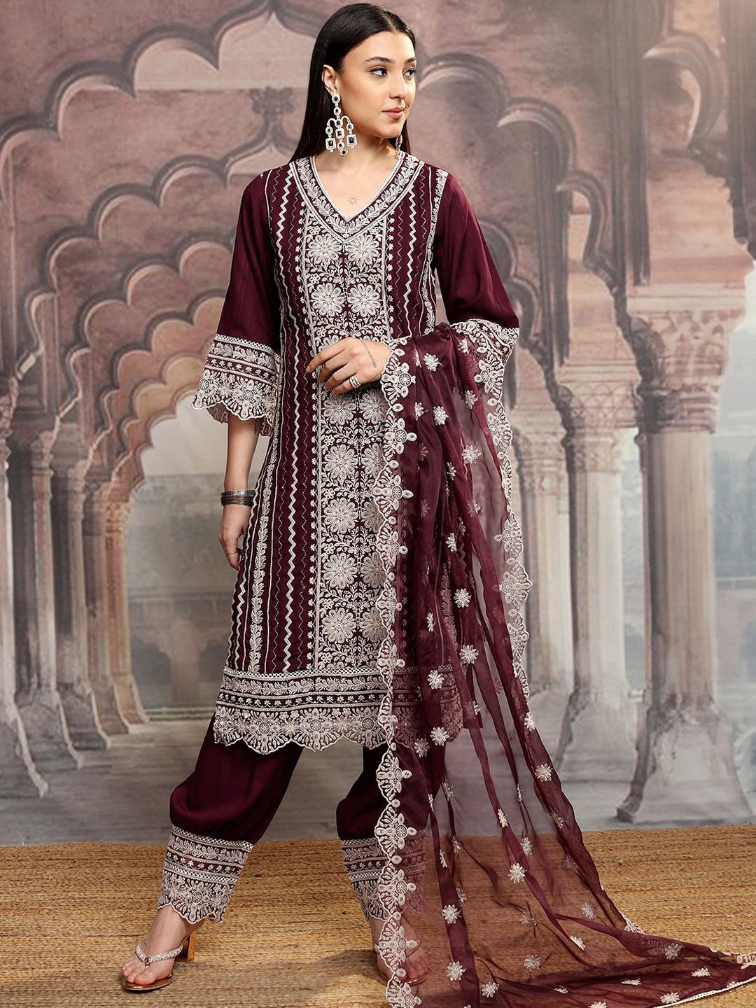 Vishudh Maroon Embroidered Thread Work Straight Kurta With Trousers & Dupatta