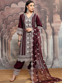 Vishudh Maroon Embroidered Thread Work Straight Kurta With Trousers & Dupatta