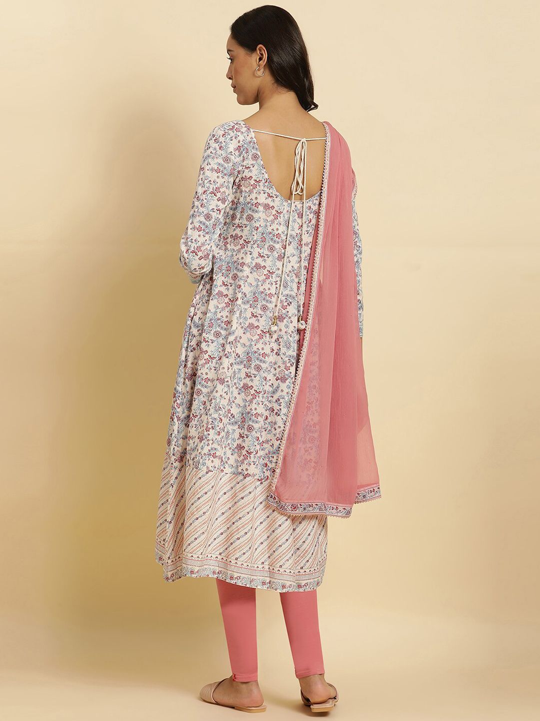 W Cream Floral Printed Gotta Patti Kurta with Churidar & With Dupatta