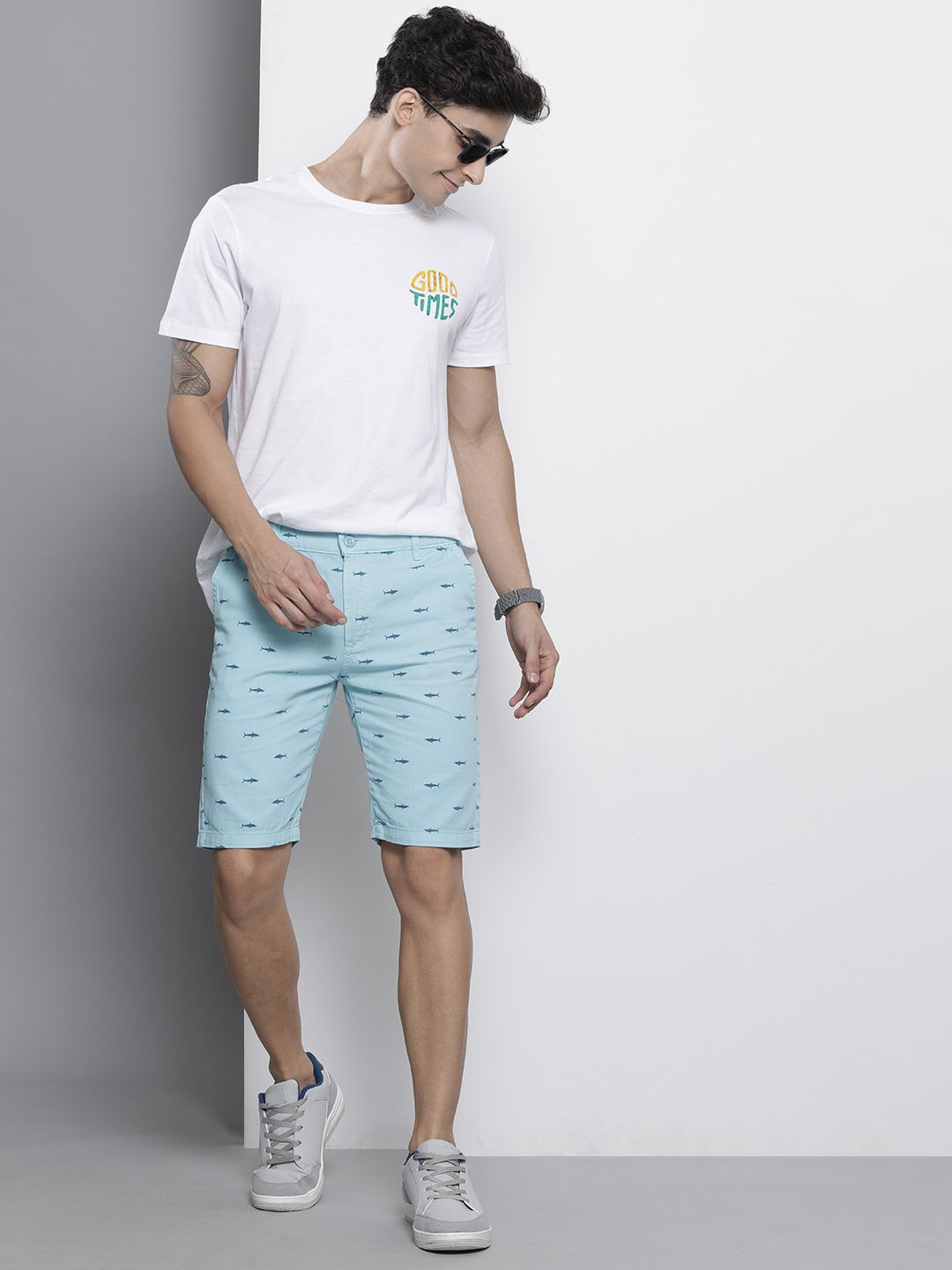 The Indian Garage Co Men Blue Printed Slim Fit Cotton Chino Shorts