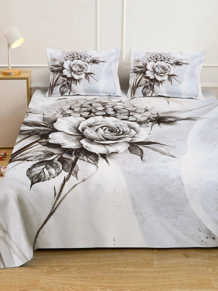 Moda Rapido X KLOTTHE Grey & White Floral 400 TC King Bedsheet with 2 Pillow Covers