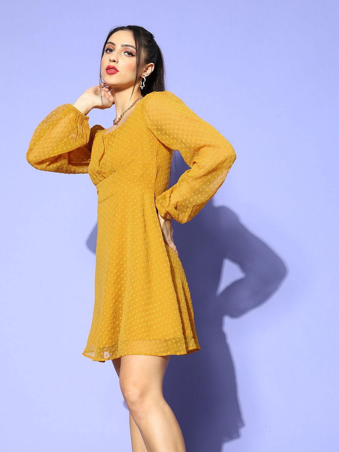 Berrylush Women Mustard Self-Design Once Upon a Sleeve Dress