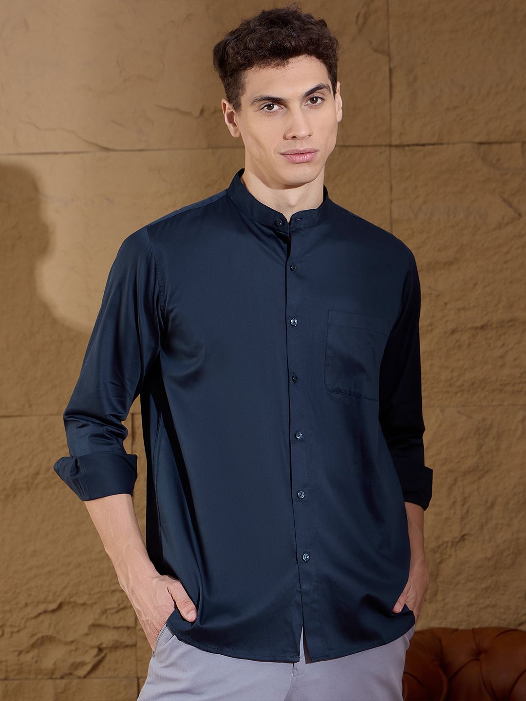 DENNISON Men Smart Mandarin Collar Solid Cotton Casual Shirt