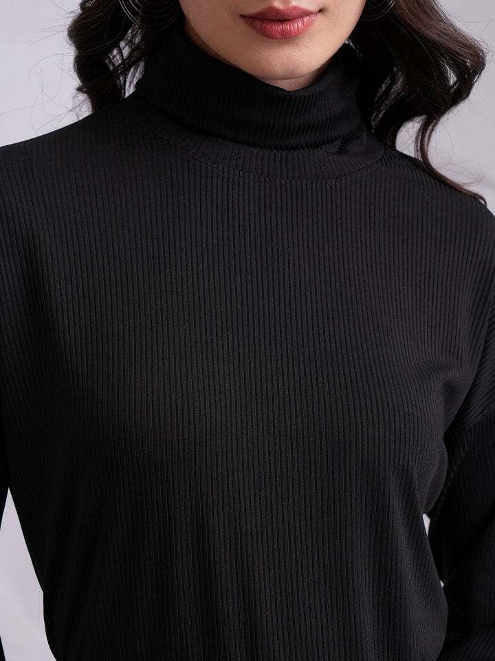 Tokyo Talkies Black High Neck Longline Top With Trouser & Belt