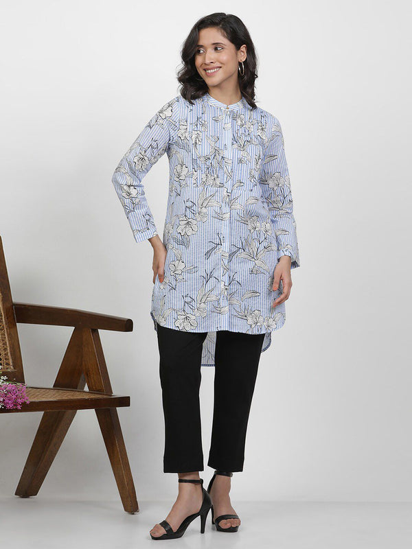 W Floral Printed Shirt Collar Cuffed Sleeves Cotton High-Low Longline Top