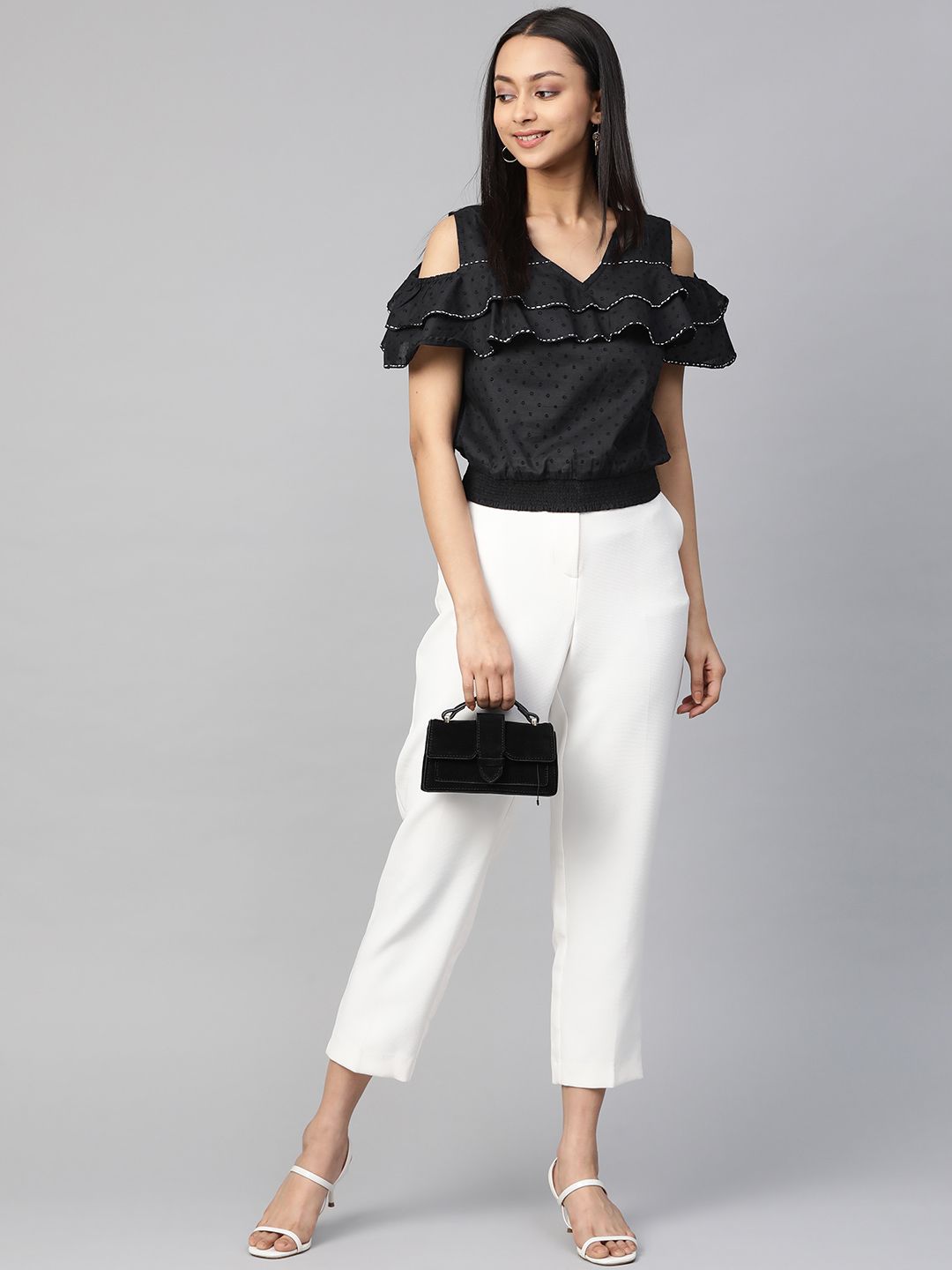 Global Desi Black Dobby Weave Cold-Shoulder Sleeves Smocked Blouson Top