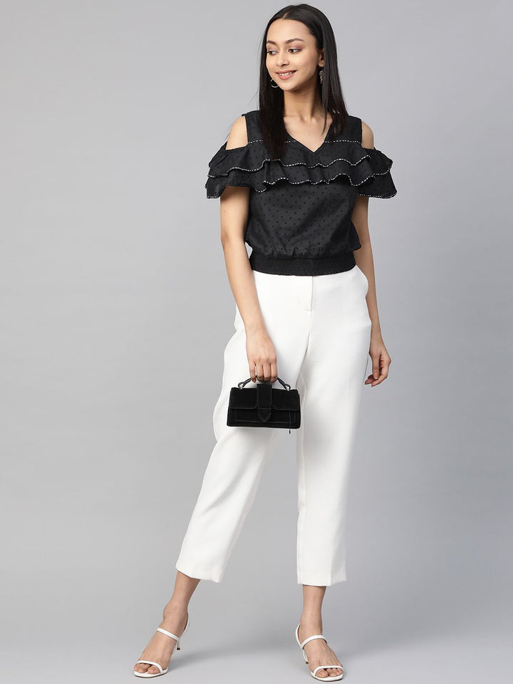 Global Desi Black Dobby Weave Cold-Shoulder Sleeves Smocked Blouson Top