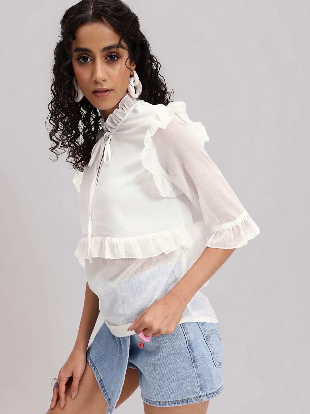 DressBerry Romantic Ruffles Strike Tie-Up Neck Bell Sleeves Top