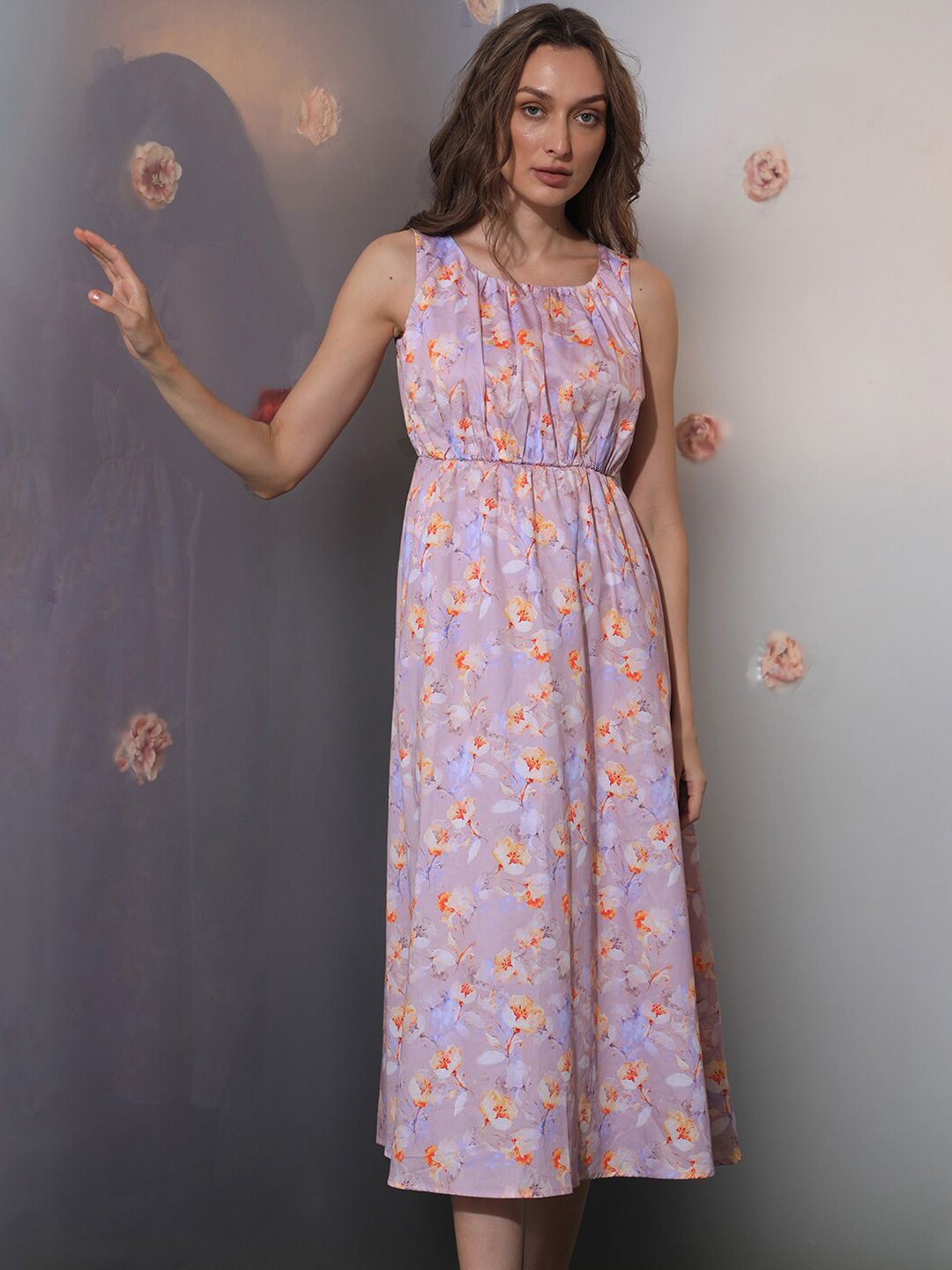 RAREISM Floral Printed Cotton Fit & Flare Midi Dress
