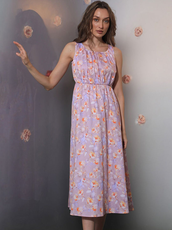 RAREISM Floral Printed Cotton Fit & Flare Midi Dress