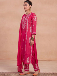 Rumah Wanita Chikankari Motif Etnik Bersulam Benang Biasa Kerja Chanderi Sutera Kurta dengan Seluar &