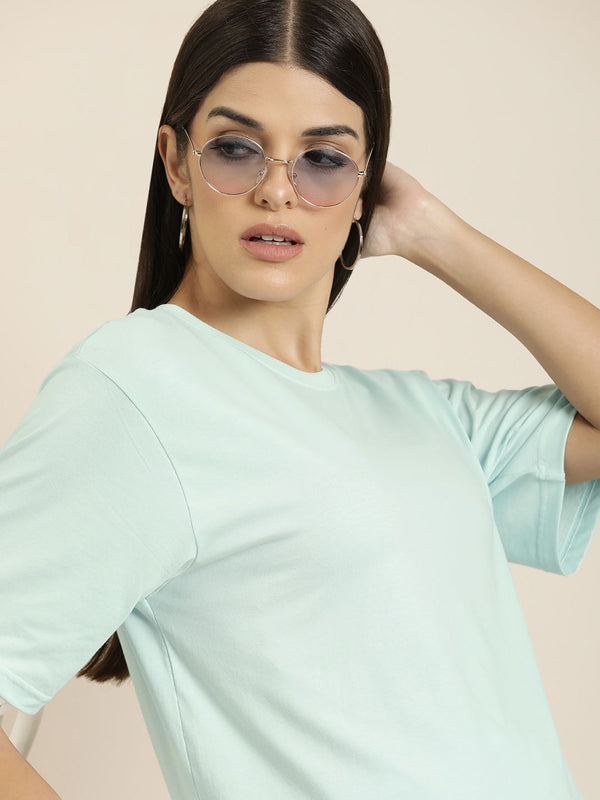 DILLINGER Women Blue Solid Pure Cotton Oversized T-shirt