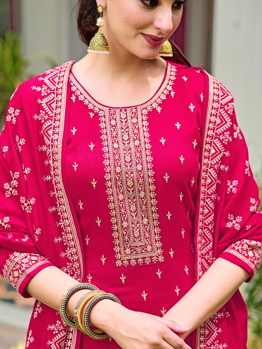 KALINI Floral Embroidered Regular Sequinned Straight Kurta with Trousers & Dupatta