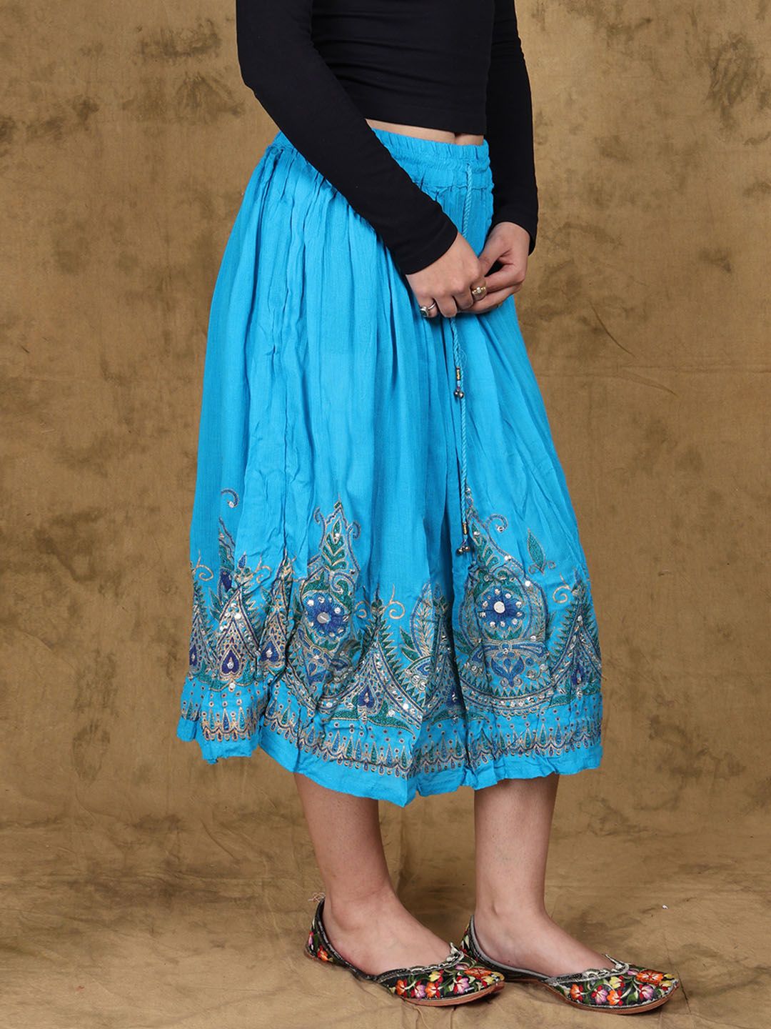 Exotic India Embroidered Flowers Flared Midi Skirt