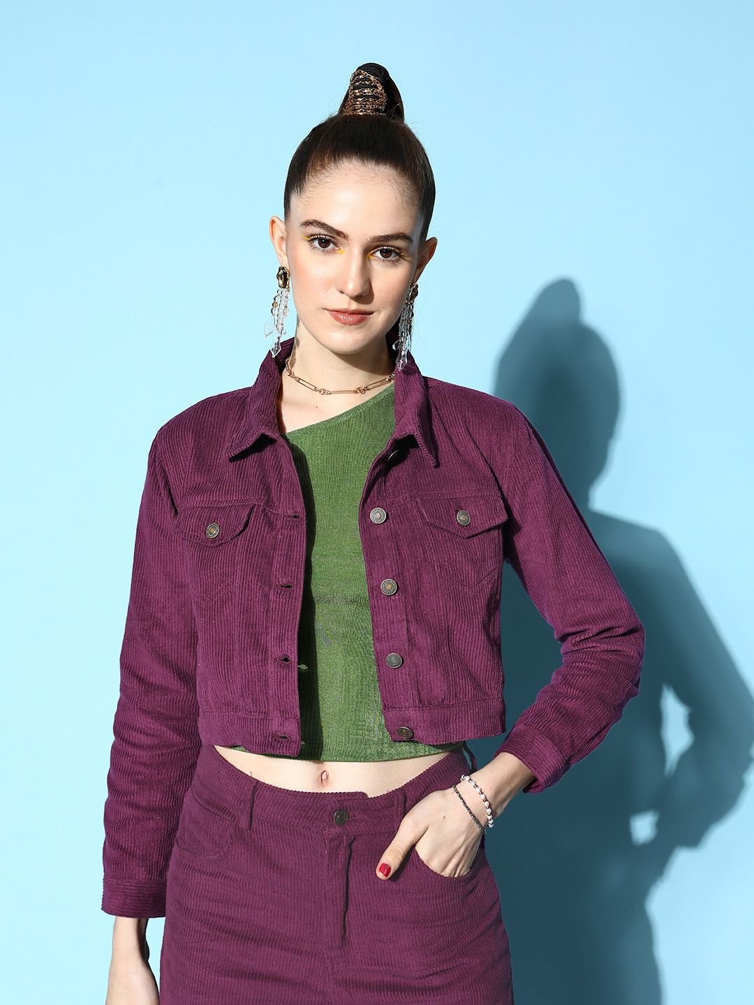 SASSAFRAS Women  Purple Solid Corduroy Jacket