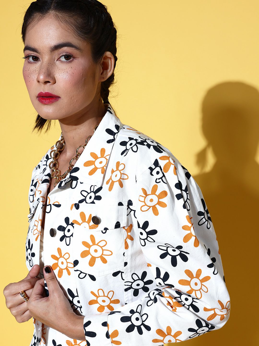 SASSAFRAS Women Alluring White Floral Kidult Kitsch Jacket