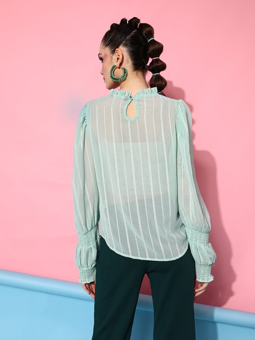 STREET 9 Turquoise Blue Striped Georgette Blouson Top