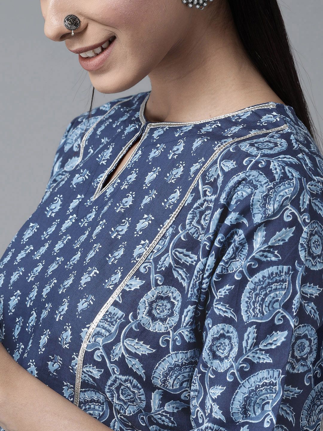Libas Women Blue Floral Printed Keyhole Neck Gotta Patti Kurta