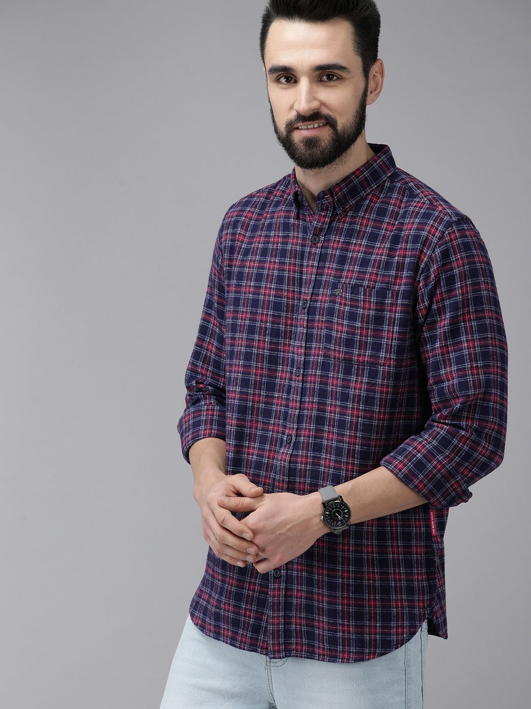 THE BEAR HOUSE Men Navy Blue & Maroon Slim Fit Checked Flannel Cotton Casual Shirt