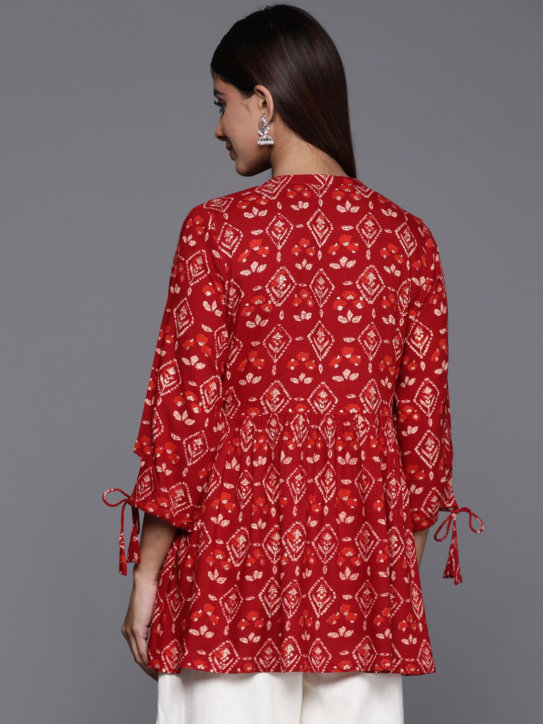 Libas Floral Print Band Collar  Tie-Up Sleeves Pleated Kurti