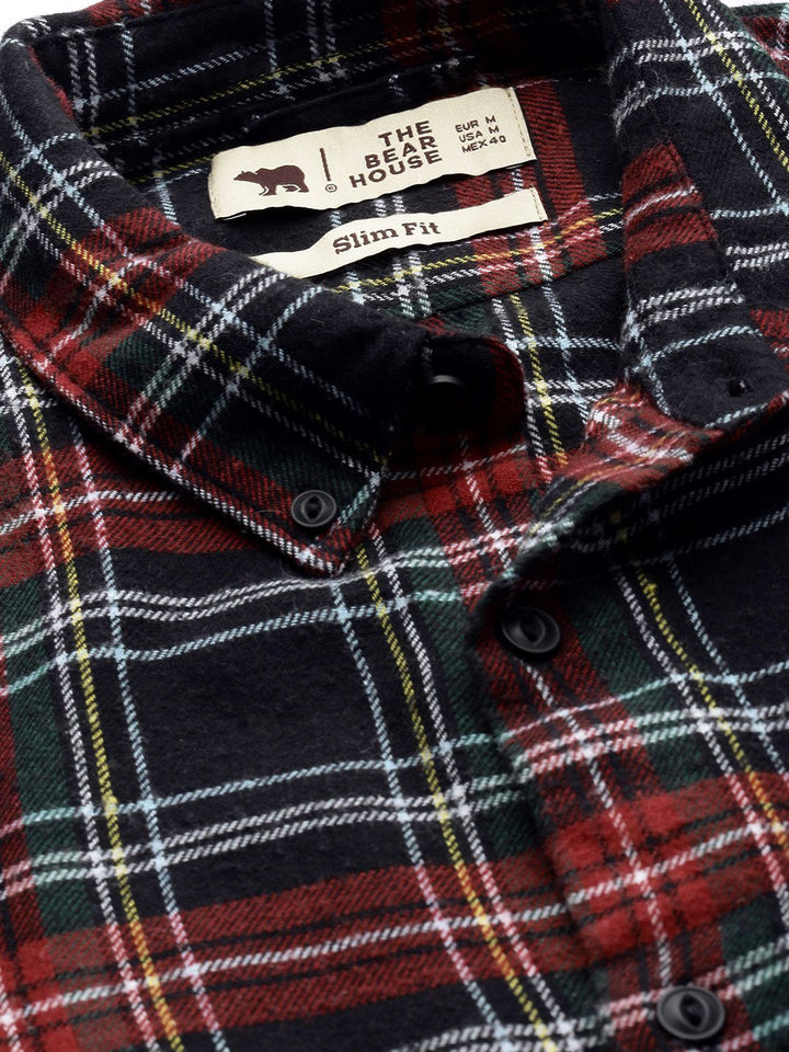 THE BEAR HOUSE Men Black & Red Slim Fit Tartan Checked Flannel Pure Cotton Casual Shirt