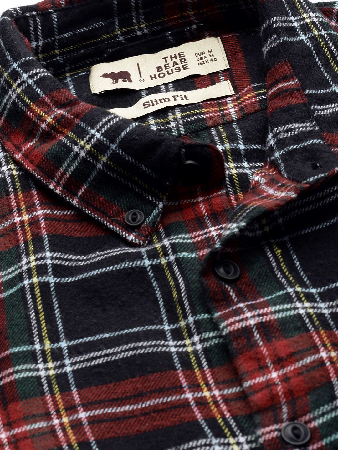 THE BEAR HOUSE Men Black & Red Slim Fit Tartan Checked Flannel Pure Cotton Casual Shirt