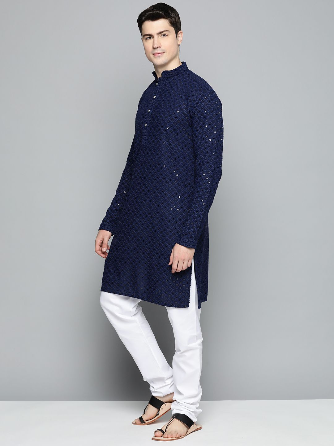 Jompers Men Floral Embroidered Chikankari Pure Cotton Kurta with Churidar