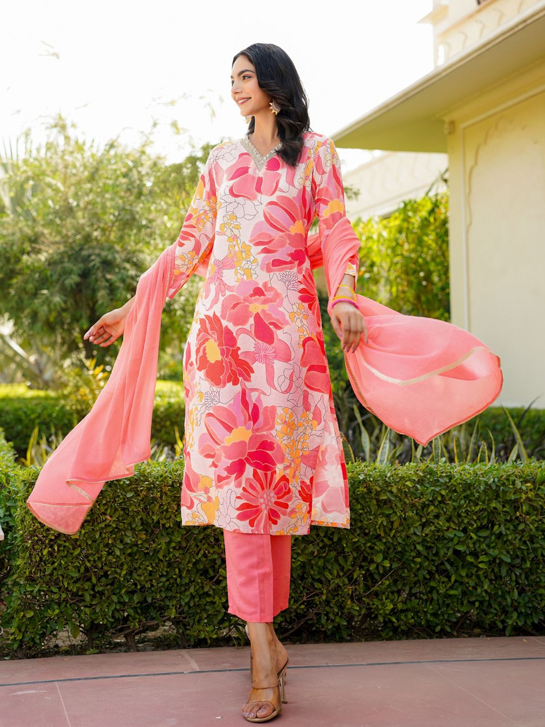 KALINI Floral Printed Regular Cotton Blend Kurta with Trousers With Dupatta