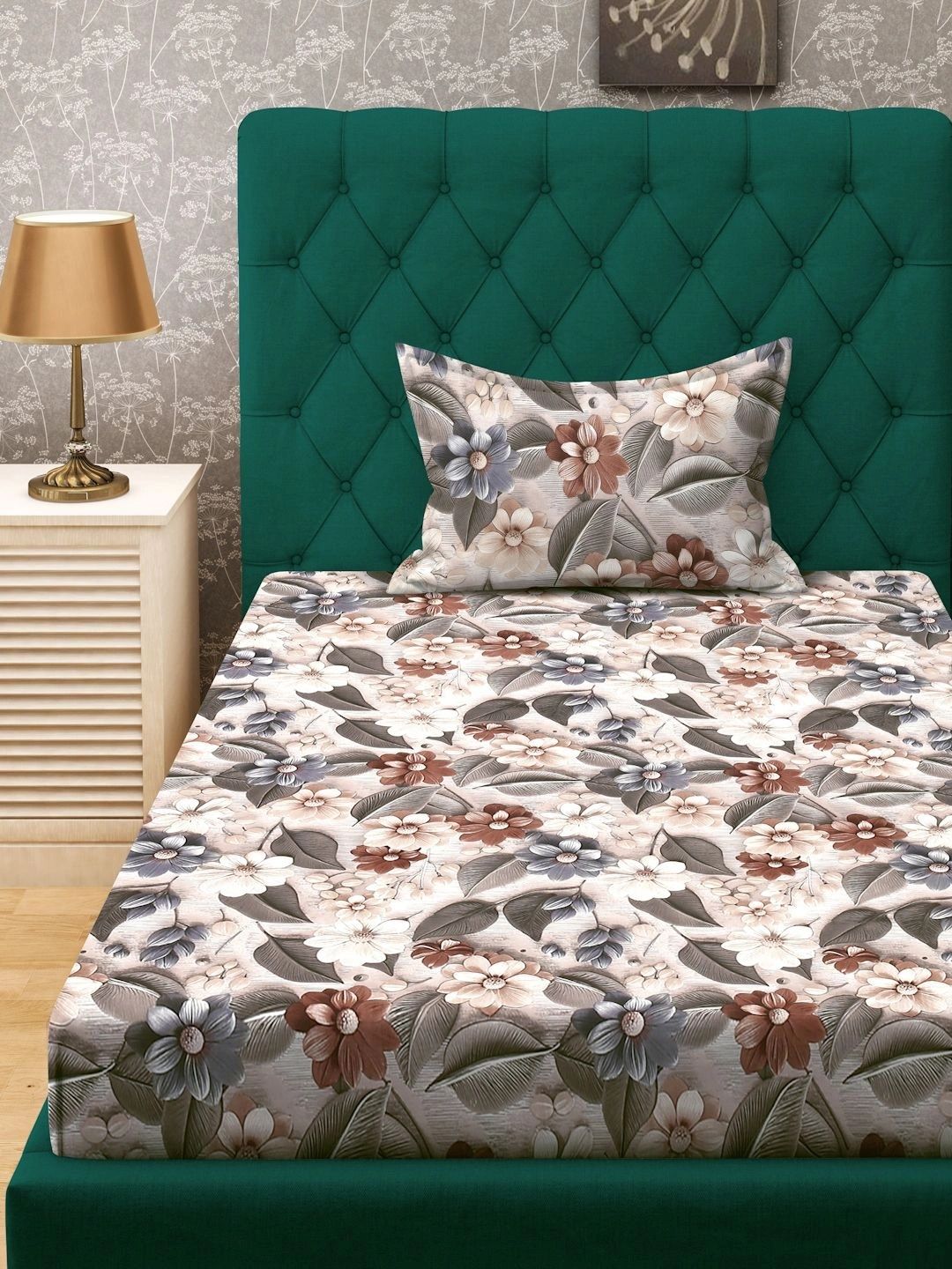 Moda Rapido X KLOTTHE Beige & Brown Floral 300 TC Single Bedsheet with 1 Pillow Covers