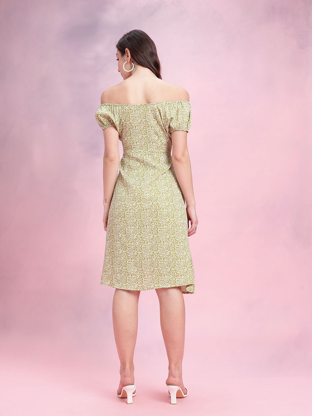 DressBerry Abstract Printed Off-Shoulder Puff Sleeve Empire Dress with Slit Detail