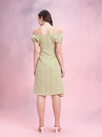 DressBerry Abstract Printed Off-Shoulder Puff Sleeve Empire Dress with Slit Detail