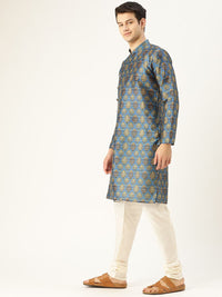 SOJANYA Lelaki Blue & Yellow Printed Angrakha Straight Kurta