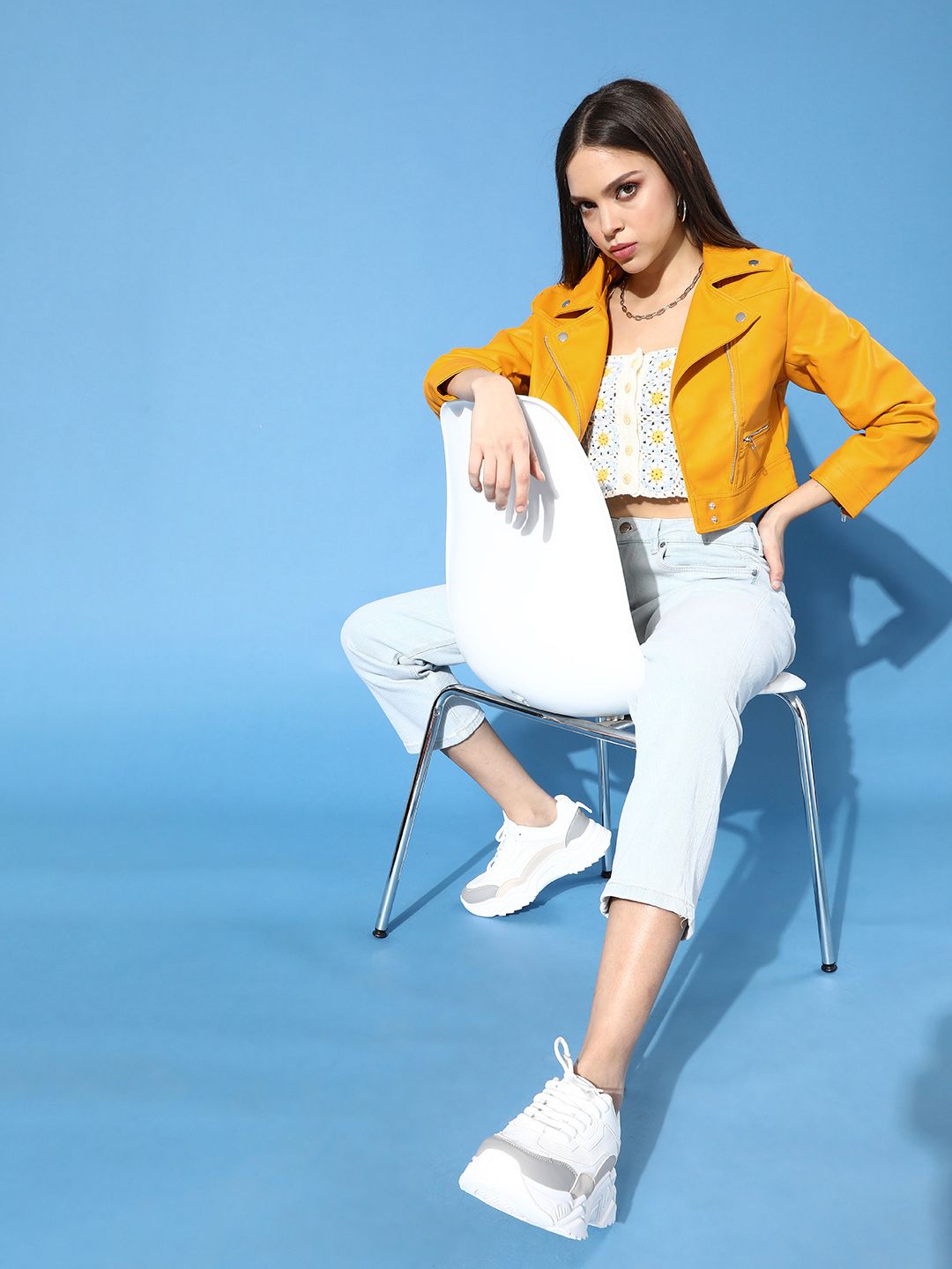 Tokyo Talkies Women Mustard Yellow Crop Biker Jacket