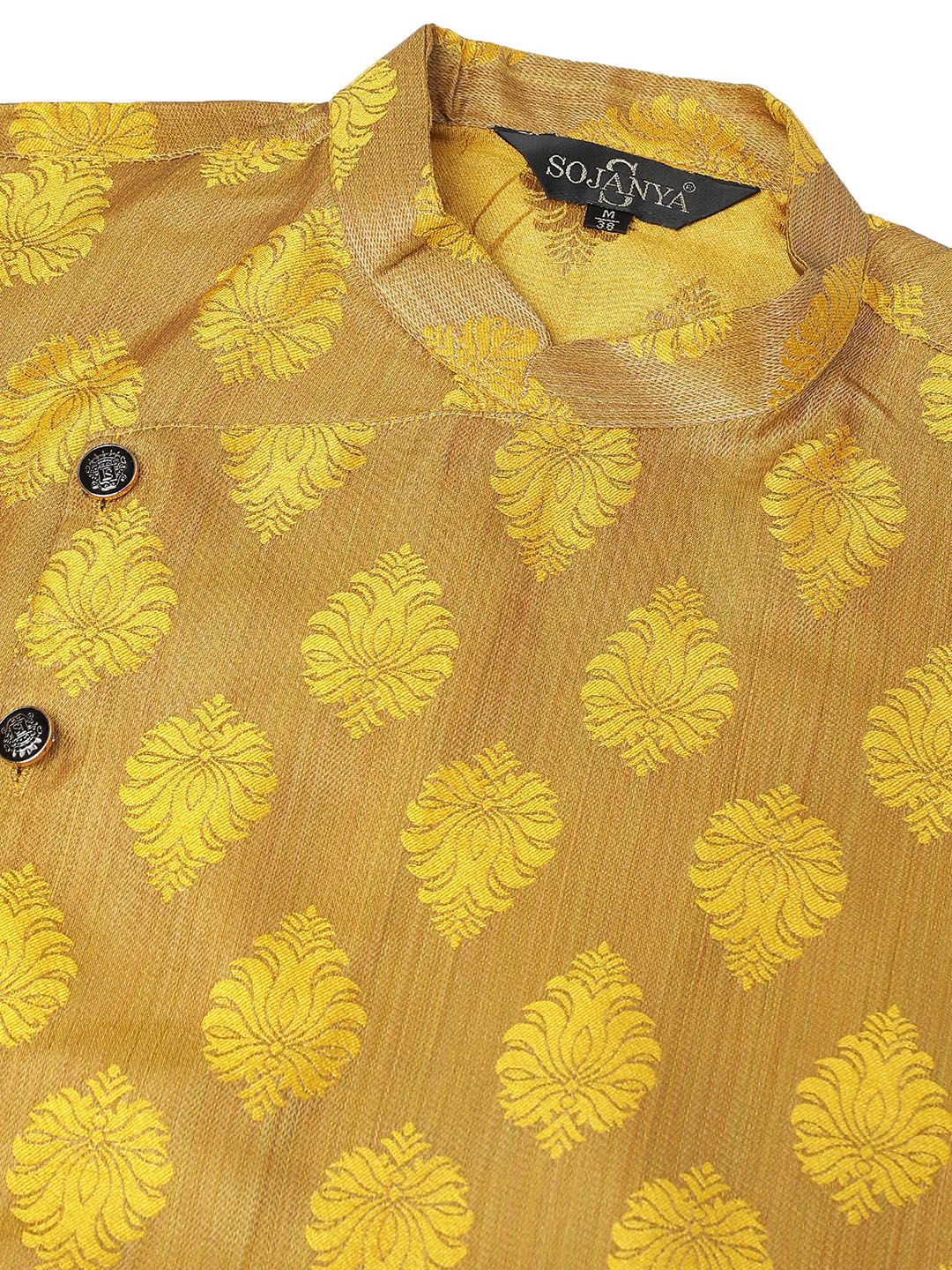 SOJANYA Men Gold-Toned & Mustard Woven Design Jacquard Silk Straight Kurta