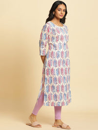 W Round Neck Ethnic Motifs Printed Cotton Straight Kurta