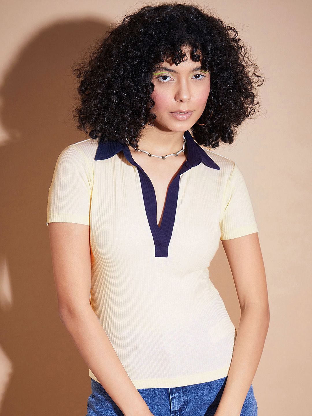 SASSAFRAS BASICS Polo Collar Ribbed Top